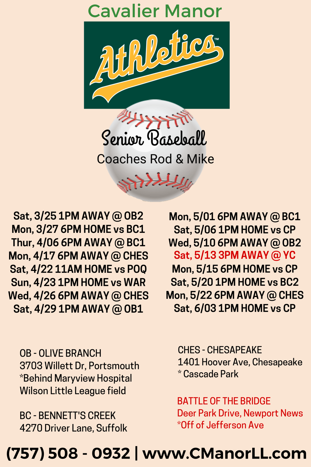 Cavalier Manor Little League > Schedules